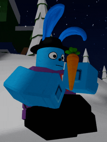 a blue bunny with a black hat is holding a carrot in his hand