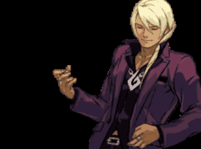 a pixel art drawing of a man in a purple jacket