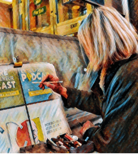 a painting of a woman painting a sign that says podcast