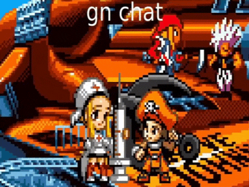 a pixel art of a girl holding a syringe and a boy with a skull on his hat .
