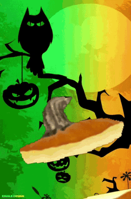 a witch 's hat is on a pumpkin pie with a black cat in the background