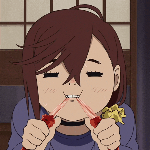 a cartoon of a girl with a choker on her neck eating something