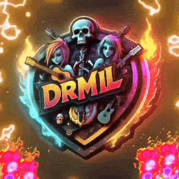 a logo for drmil shows a skull and two girls holding guitars