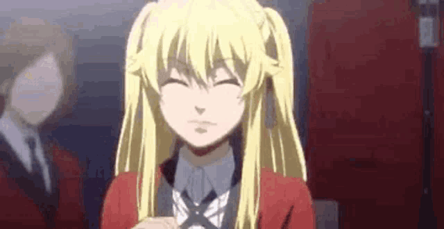a close up of a blonde anime girl with pigtails .