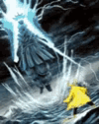 a person in a yellow coat is standing in the middle of a storm with a lightning bolt coming from the sky .