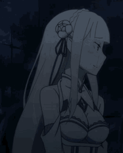 a girl with long white hair and a braid in her hair is standing with her eyes closed