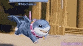 a shark with a pink collar is flying in the air