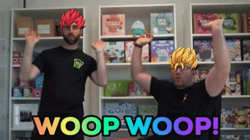 two men are dancing in front of a shelf that says woop woop on it