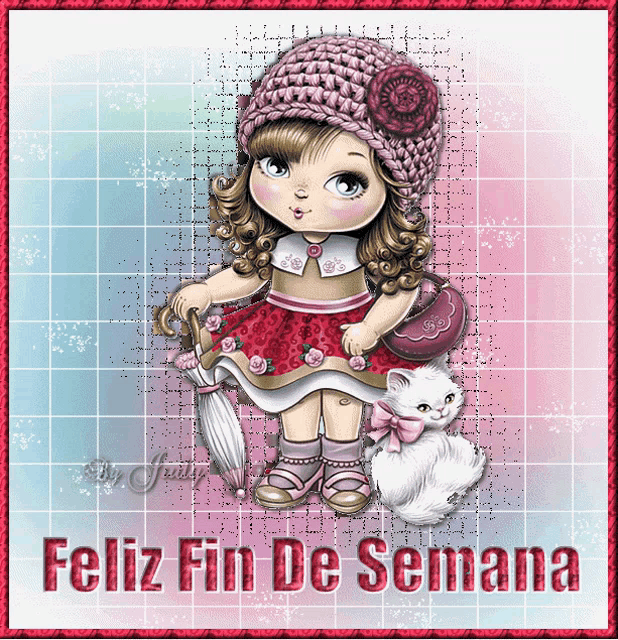 a picture of a little girl holding an umbrella with the words feliz fin de semana below her