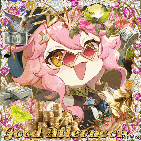a girl with pink hair and sunglasses is surrounded by money and flowers and says good afternoon picmix
