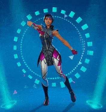 a woman in a futuristic outfit is dancing in front of a blue background