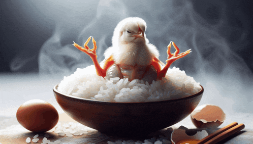 a chicken is sitting in a bowl of rice next to eggs and chopsticks
