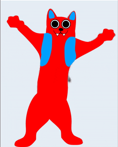 a red cartoon cat with a blue scarf around his neck