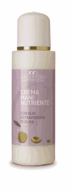 a bottle of crema mani nutriente with olives and almonds on the label