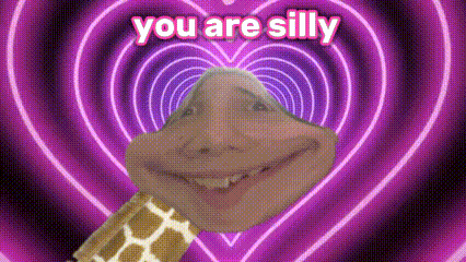 a giraffe is making a funny face in front of a purple heart .