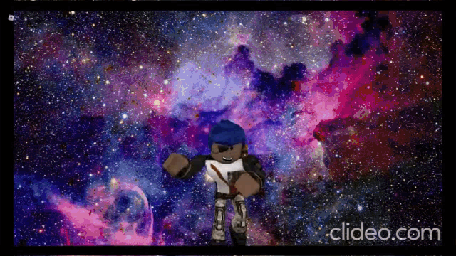 a cartoon character is standing in front of a galaxy with clideo.com at the bottom of the screen