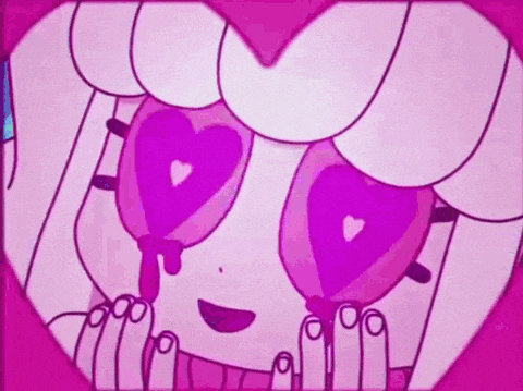 a cartoon girl with pink heart shaped eyes is holding a pink heart in her mouth .