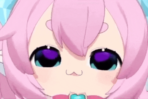 a close up of a pink anime girl with big purple eyes .