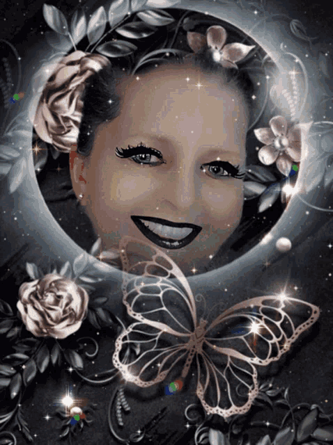 a picture of a woman with a butterfly in front of her