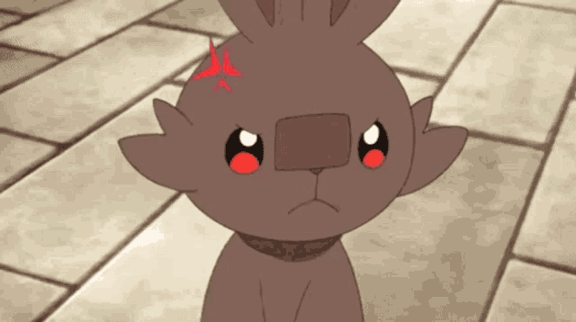 a cartoon rabbit with a red flame on its head is sitting on a tiled floor .
