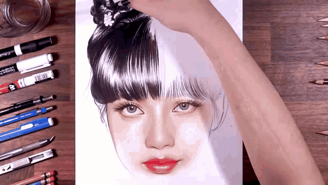 a person is drawing a woman 's face with pencils and markers