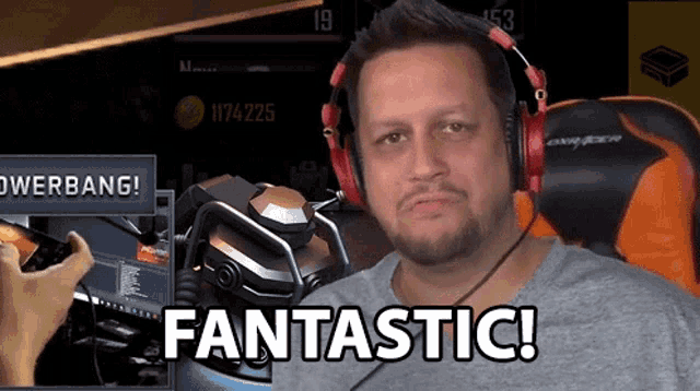 a man wearing headphones says fantastic while playing a game