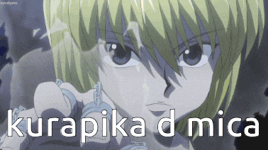 a close up of a person with the words kurapika d mica written on it