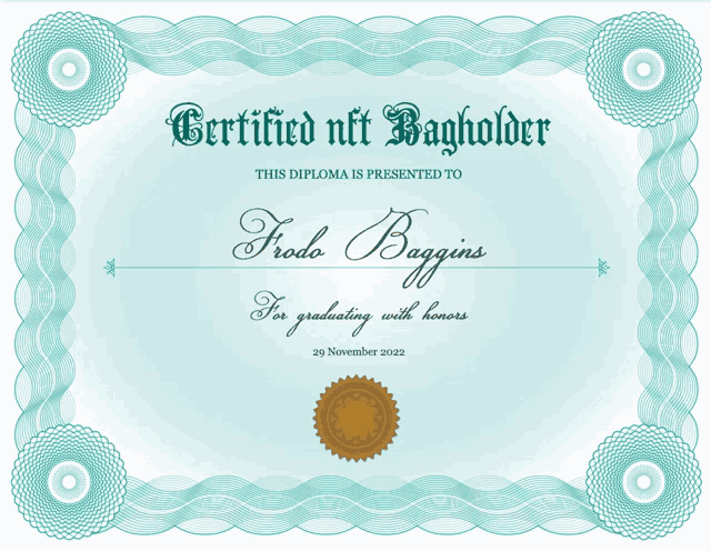 a certified nft bagholder diploma presented to frodo baggins