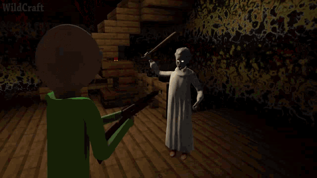 a person in a green shirt is holding a gun in front of a ghostly woman