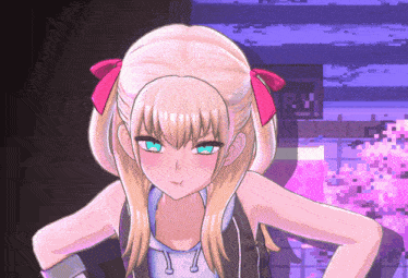 a girl with a pink bow in her hair stands in front of a sign that says ry
