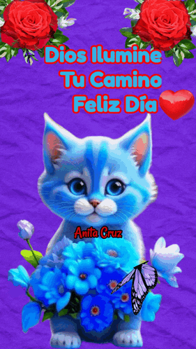 a picture of a blue cat holding a bouquet of blue flowers