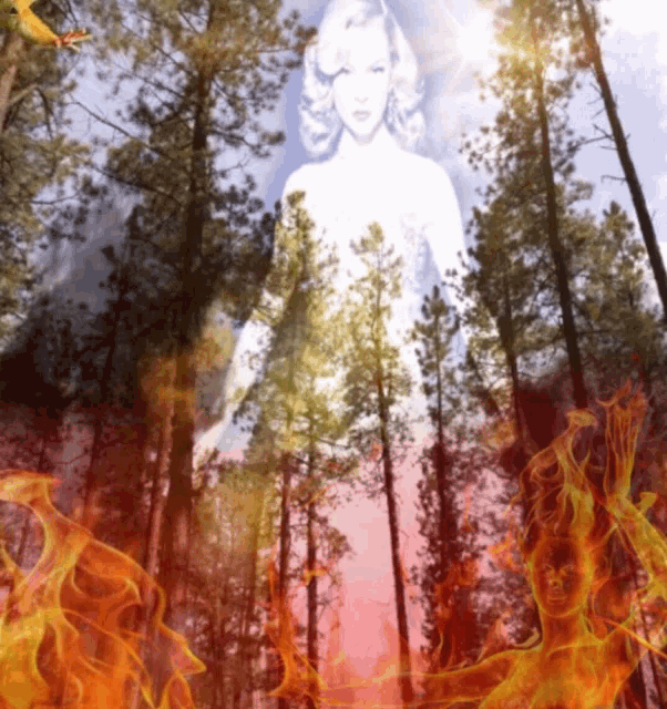 a painting of a woman in a forest with flames surrounding her