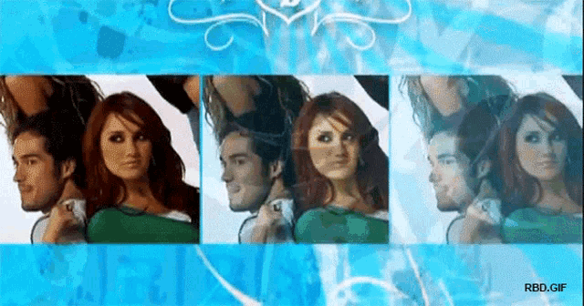 a man and a woman are standing next to each other on a blue background with the words rbd.gif at the bottom