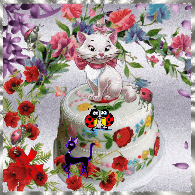 a cat is sitting on top of a cake with ladybugs