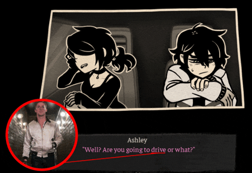 a black and white drawing of a man and a woman with ashley asking if they are going to drive or what