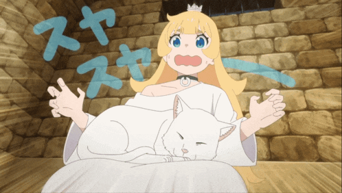 a cartoon of a girl holding a white cat with blue letters behind her