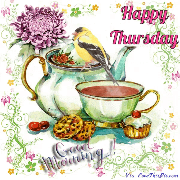 a happy thursday greeting card with a teapot a cup of tea and cookies