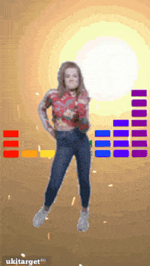 a woman is dancing in front of a colorful background with ukitarget 50 written on the bottom