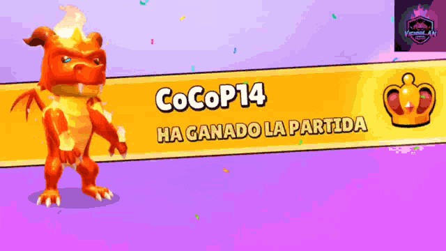 a cartoon dragon is standing next to a sign that says cocop14 ha ganado la partida