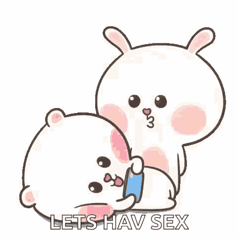 a cartoon rabbit is kissing another rabbit with the words `` let 's have sex '' .