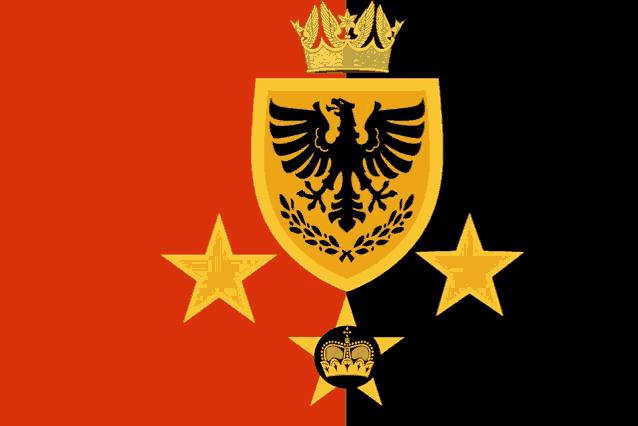 a red and black flag with a shield with an eagle and a crown