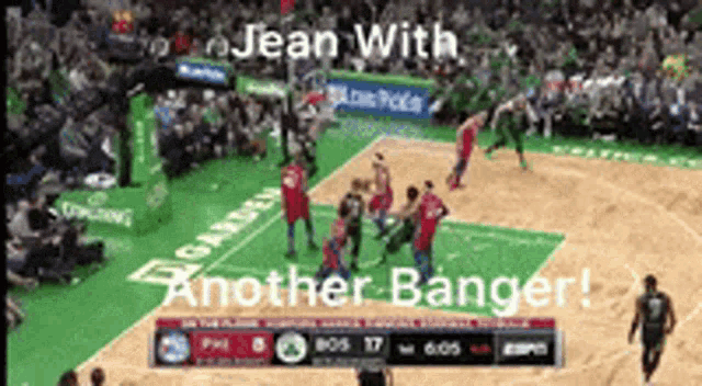 a basketball game is being played on a court with the words jean with another banger