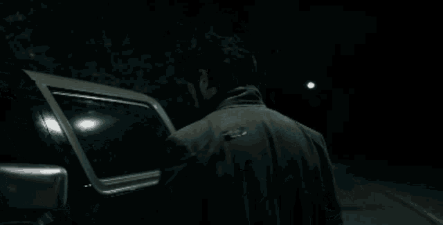 a man in a jacket is standing next to a car in the dark