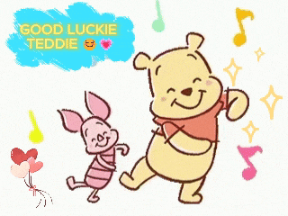 a drawing of winnie the pooh and piglet with the words good luckie teddie