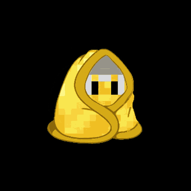 a pixel art drawing of a person wrapped in a yellow blanket on a black background