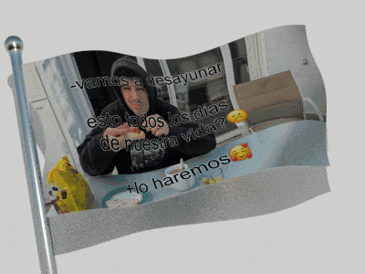 a picture of a man sitting at a table with the words " vamos a desayunar " on it