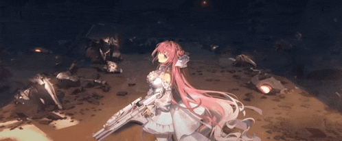 a girl with pink hair is holding a gun in her hand