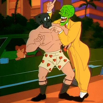 a cartoon of a man wearing shorts with hearts on them and a green mask