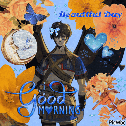 a picture of a man with wings says good morning beautiful day