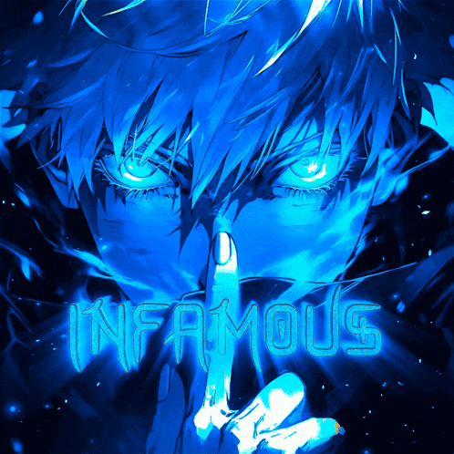 a picture of a person with glowing eyes and the word infamous on the bottom